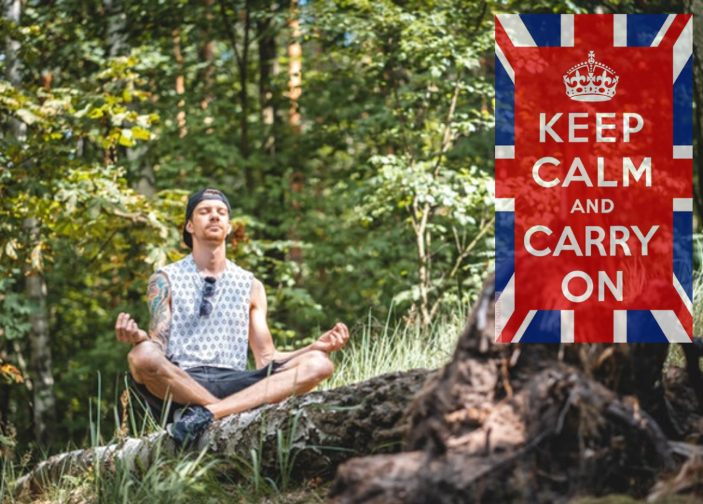 meditating in forest keep calm and carry on logo