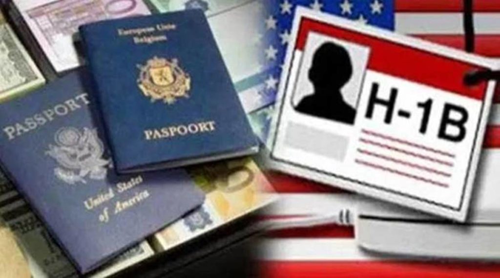 H-1B visa next to passports on an american flag
