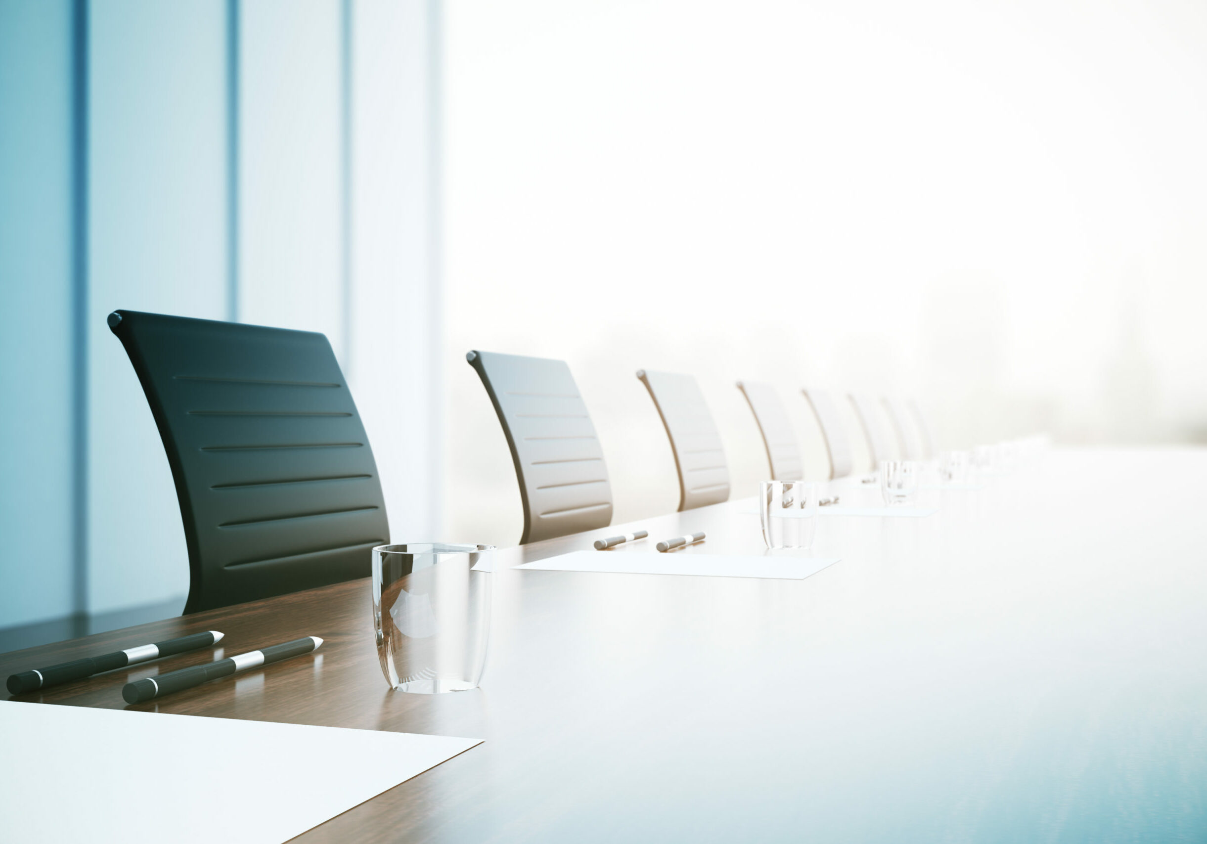 Close of up table with equipment in conference room. 3D Rendering